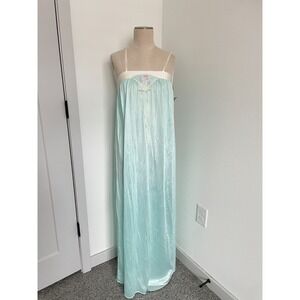 Vintage Lorraine Chemise Nightgown Womens M Aqua Blue Fan Maxi Sheer Lingerie
